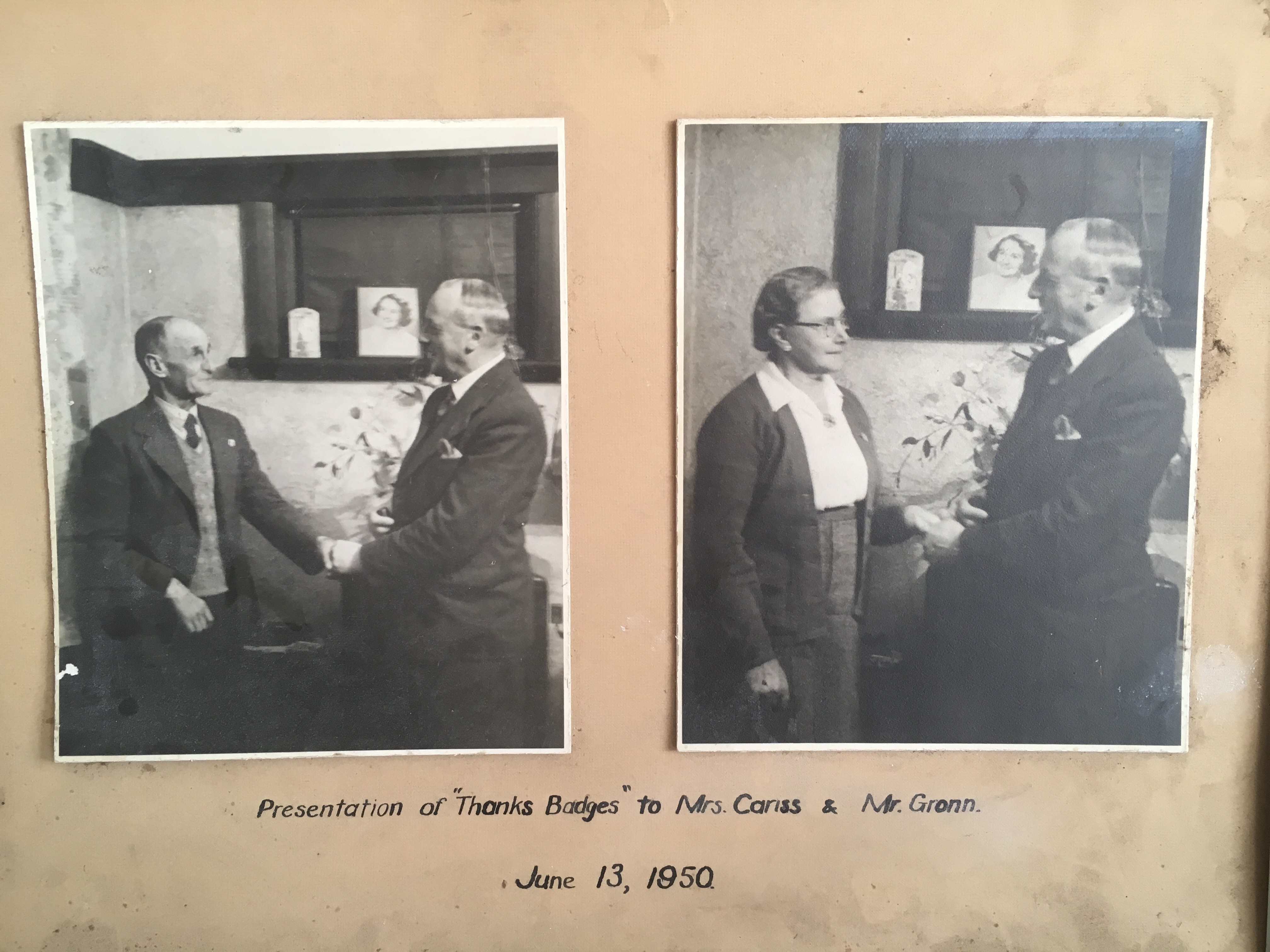 Presentation of Thanks Badges to Mrs Cariss &amp; Mr Gronn June 13 1950